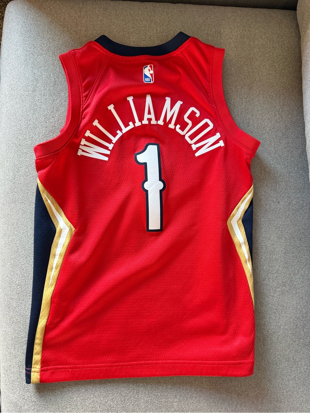 NBA Red Zion Williamson Kids Jersey with Gold & Navy Trim